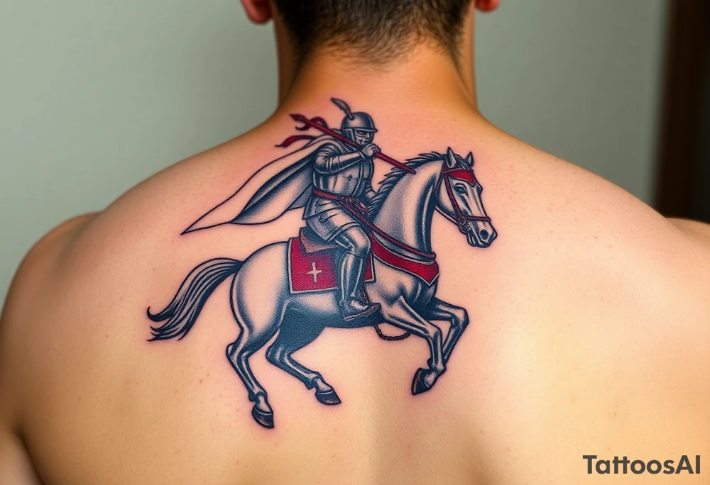 A mounted Templar knight charging into battle, his white cape billowing behind him, sword raised high, and his warhorse adorned with a red and white caparison tattoo idea