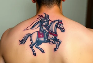 A mounted Templar knight charging into battle, his white cape billowing behind him, sword raised high, and his warhorse adorned with a red and white caparison tattoo idea