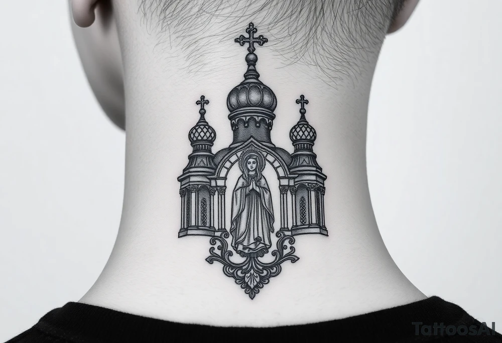 medium traditional russian orthodox church with russian coat arms and virgin mary tattoo idea