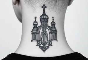 medium traditional russian orthodox church with russian coat arms and virgin mary tattoo idea