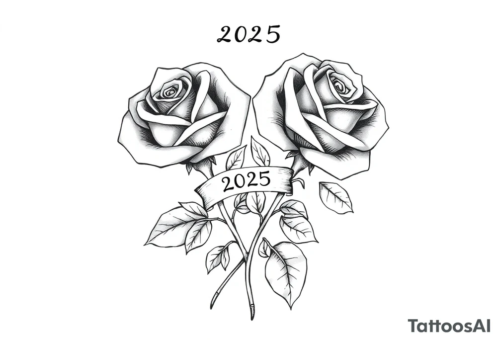 two beautiful rose buds, with many leaves and stems intertwined, representing two people in love. Include a small banner with "2025" on it.  The word "Rose" written in Kanji above the drawing. tattoo idea