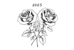 two beautiful rose buds, with many leaves and stems intertwined, representing two people in love. Include a small banner with "2025" on it.  The word "Rose" written in Kanji above the drawing. tattoo idea