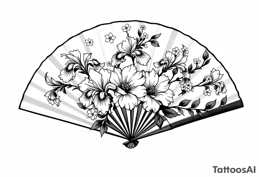 Irises flowers and cherry blossom on a fan forearm tattoo idea