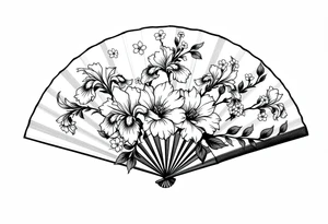 Irises flowers and cherry blossom on a fan forearm tattoo idea