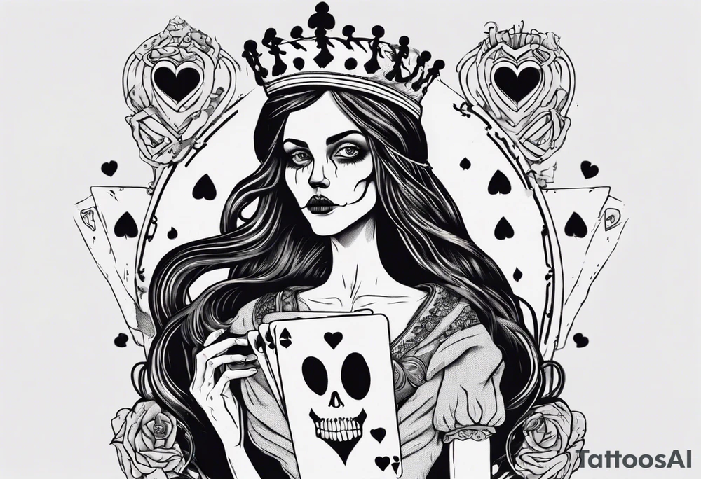 creepy queen of hearts card, queen with long hair, blank eyes and holding a skull tattoo idea