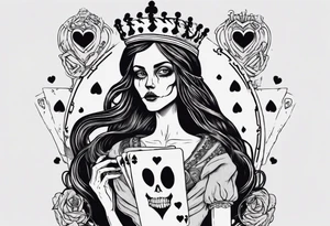 creepy queen of hearts card, queen with long hair, blank eyes and holding a skull tattoo idea