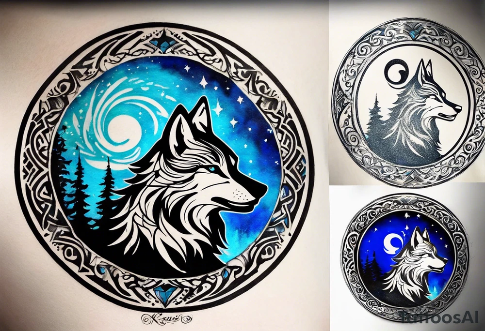 a tattoo whose main theme is balance but also resembles new begining, strong willpower, peace and loyalty. This should be for the front part of the shoulder. maybe add the ying-yang symbol somewhere in the tattoo. Tattoo should have an equal amount of blue and red along with the overall tattoo being black. In corporate a wolf into the tattoo, make sure it resembles ing and yang tattoo idea