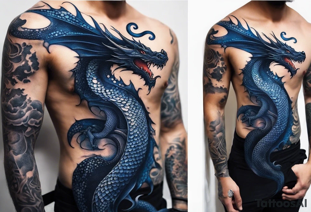 An epic floating dragon. Its long body coiling dynamically, with scales and horns detailed to create a sense of movement and strength. The dragon's main color is midnight blue, giving a vibrant depth and a mystical aura. This tattoo highlights the dragon’s fierce expression and sharp claws. tattoo idea