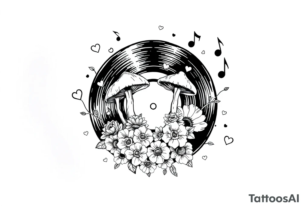 vinyl record with mushrooms, flowers, hearts, and music notes tattoo idea