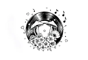 vinyl record with mushrooms, flowers, hearts, and music notes tattoo idea