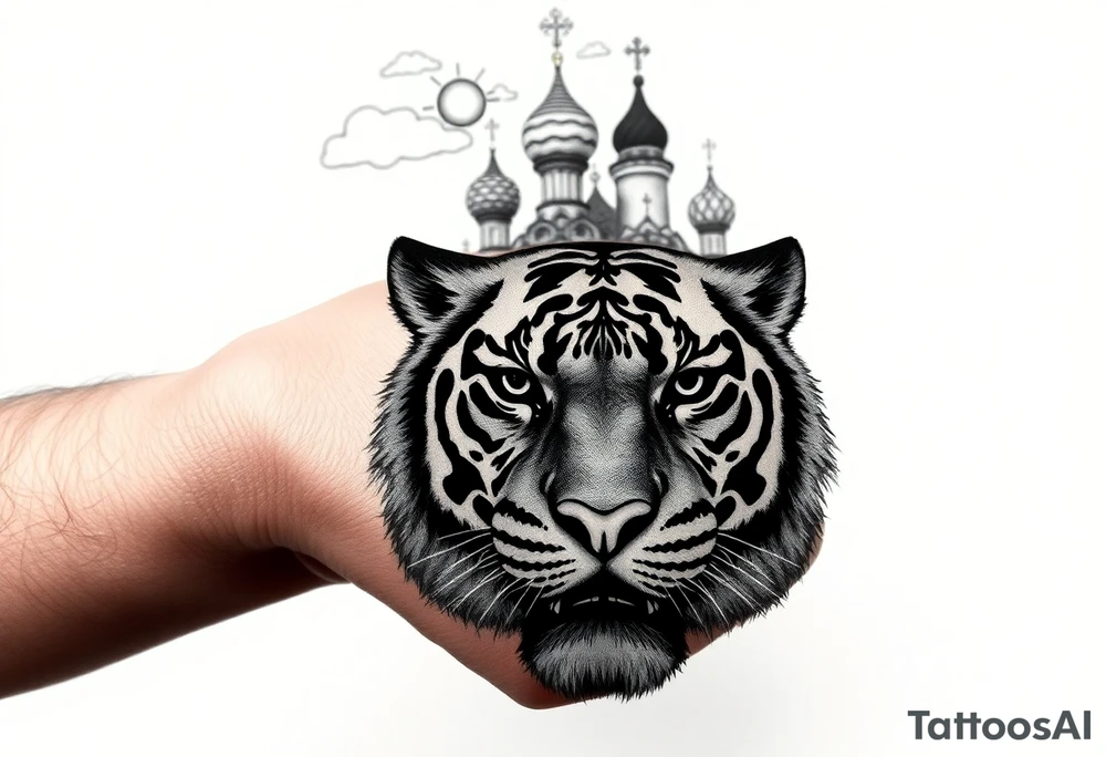 Realistic relic style tiger face on the back of the hand with strong contrast and fine detail with its eyes completely black. with a highly detailed Russian Orthodox cathedral sitting above on fore arm with onion domes and orthodox crosses, done in fine line, engraving-like style. Cohesive composition, black ink only, no color, high contrast, slightly aged, documentary-style, plain light background. with clouds above and a virgin mary 
spanning from my hand to lower fore arm tattoo idea
