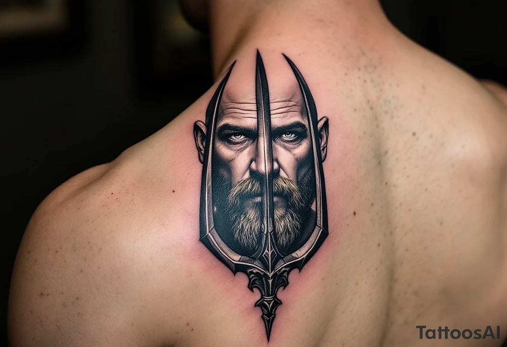 close-up beardless man behind a trident tattoo idea