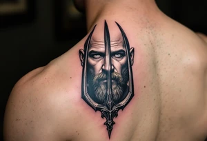 close-up beardless man behind a trident tattoo idea