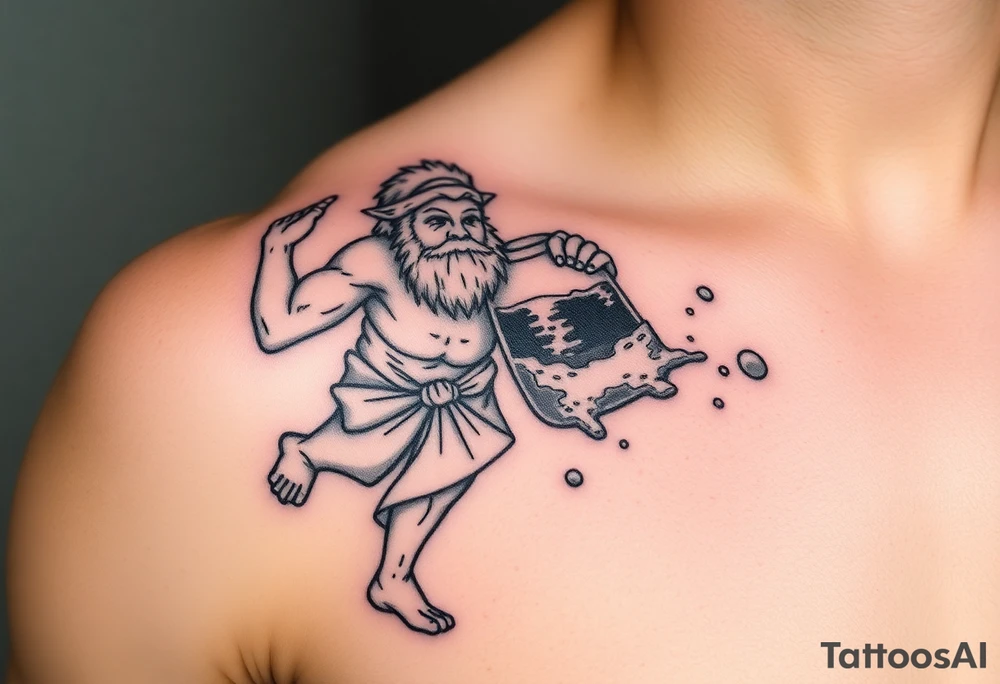 A large humanized god carrying a jar on his shoulder, the jar flows from water to create a marine environment tattoo idea