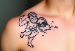 A large humanized god carrying a jar on his shoulder, the jar flows from water to create a marine environment tattoo idea