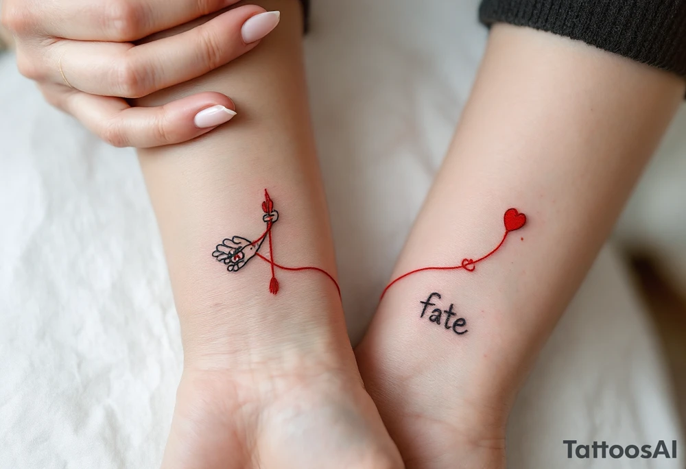 One wears a hand holding a red string of fate, the other the string continuing into their hand, connecting both wrists. tattoo idea