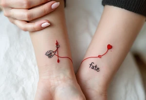 One wears a hand holding a red string of fate, the other the string continuing into their hand, connecting both wrists. tattoo idea