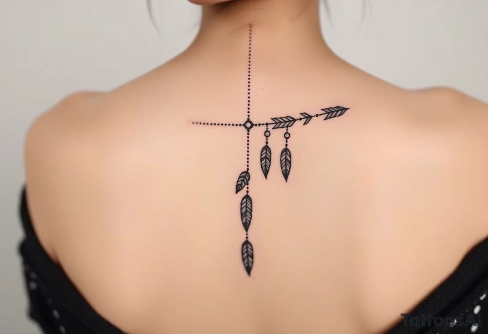 Thin spinal tattoo following down the spine in a native style with multiple different lengths flowing lines made of a discreet connection of morse code ".--- .- --.     .-.. ... -.- .- .-.   -.. .. --.     .-.. .. .-.. .-.. . -... .-. --- .-. forming an arrow connected to flowing feathers hanging from the morse code lines tattoo idea