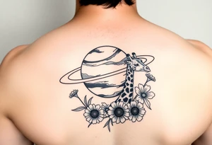 Saturn with a giraffe and marigold flowers tattoo idea