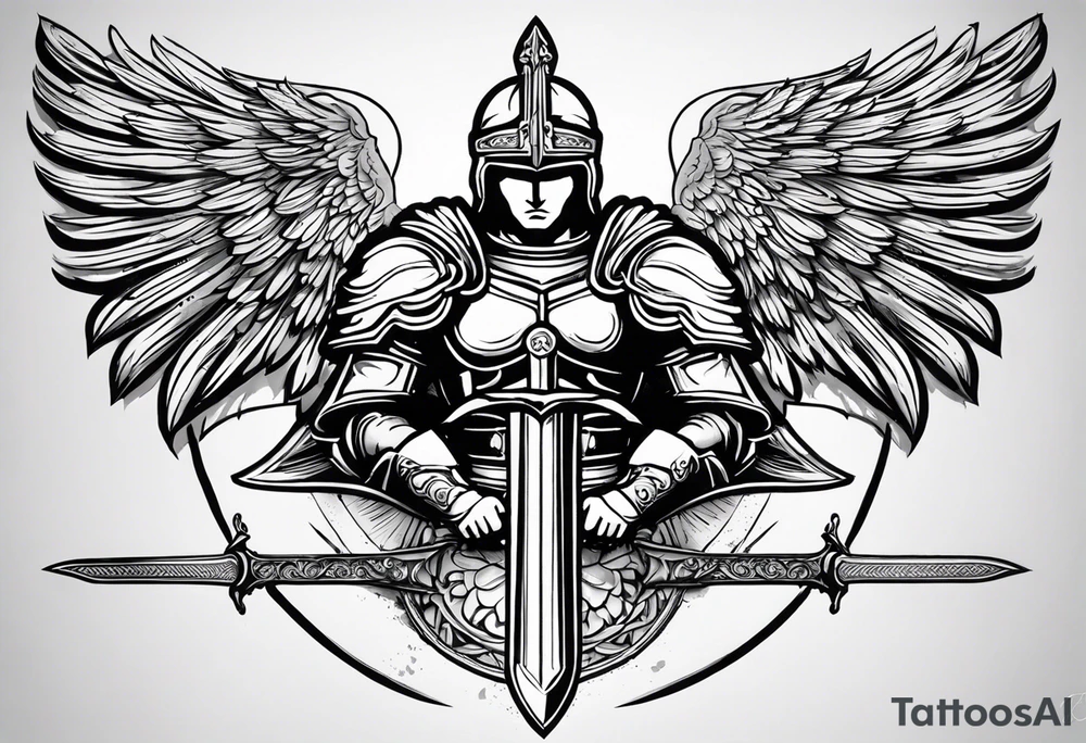**Tattoo Design: Archangel Michael**

- **Central Theme**: Archangel Michael, majestic and powerful, stands ready with a raised sword, prepared to battle evil.
- **Appearance**: The figure of Archangel Michael depicted in full angelic armor, with majestic wings spread wide.
- **Expression**: His stance conveys strength, courage, and determination in defense of good.
- **Details**: Focus on intricate details such as facial features, armor embellishments, and the raised sword.
- **Background**: May be stylized as celestial, with rays of light or clouds, accentuating the divine presence of Archangel Michael.
- **Placement**: Intended for placement on the chosen body area, with the option to adjust the size according to personal preferences. tattoo idea