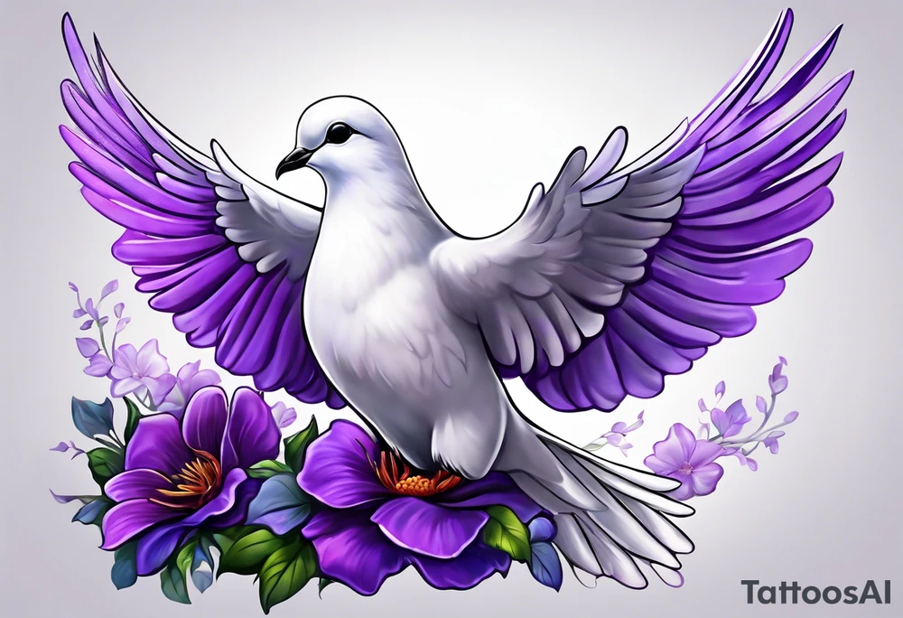 Purple flowers with a small realistic white dove coming from heaven to commemorate somebody that passed away. tattoo idea