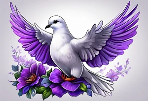 Purple flowers with a small realistic white dove coming from heaven to commemorate somebody that passed away. tattoo idea