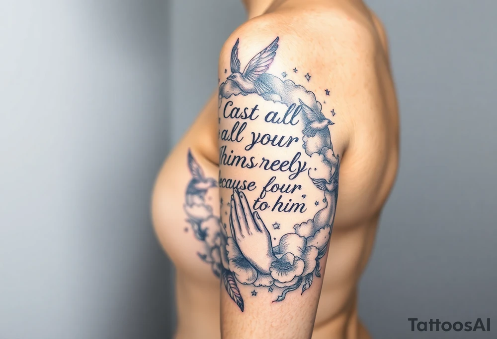cast all your anxiety on him because he cares for you"  surrounded with clouds and angels and praying hands tattoo idea