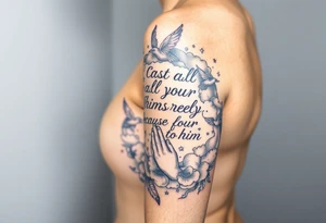 cast all your anxiety on him because he cares for you"  surrounded with clouds and angels and praying hands tattoo idea