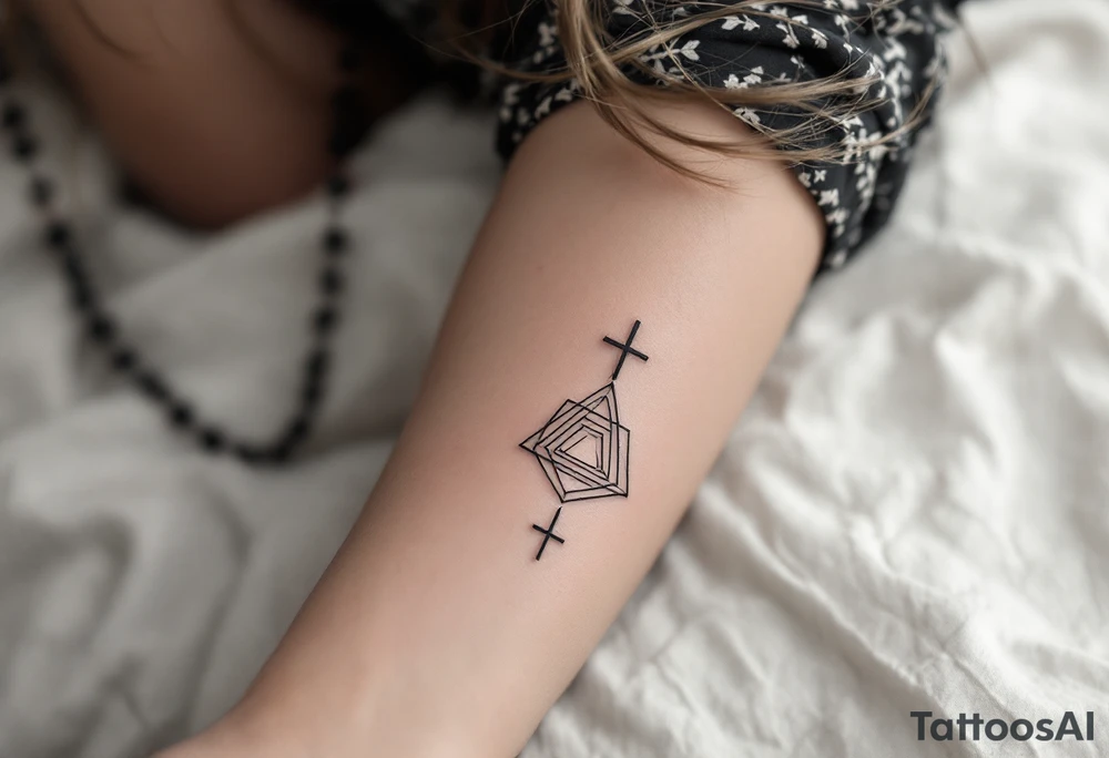 Minimalist geometric rosary tattoo: precise black‑ink circles (beads) decreasing subtly in size, linked by perfectly straight, fine lines to form clean angles rather than curves; the strand drapes in a crisp isosceles‑triangle silhouette across the forearm. Where the pendant would hang, a small concentric‑line cross sits inside a outlined golden‑ratio spiral, all rendered in thin charcoal‑black lines with a single muted‑copper accent on the cross for contrast—overall a sleek, math‑inspired aesthetic with no shading, just pure linework. tattoo idea