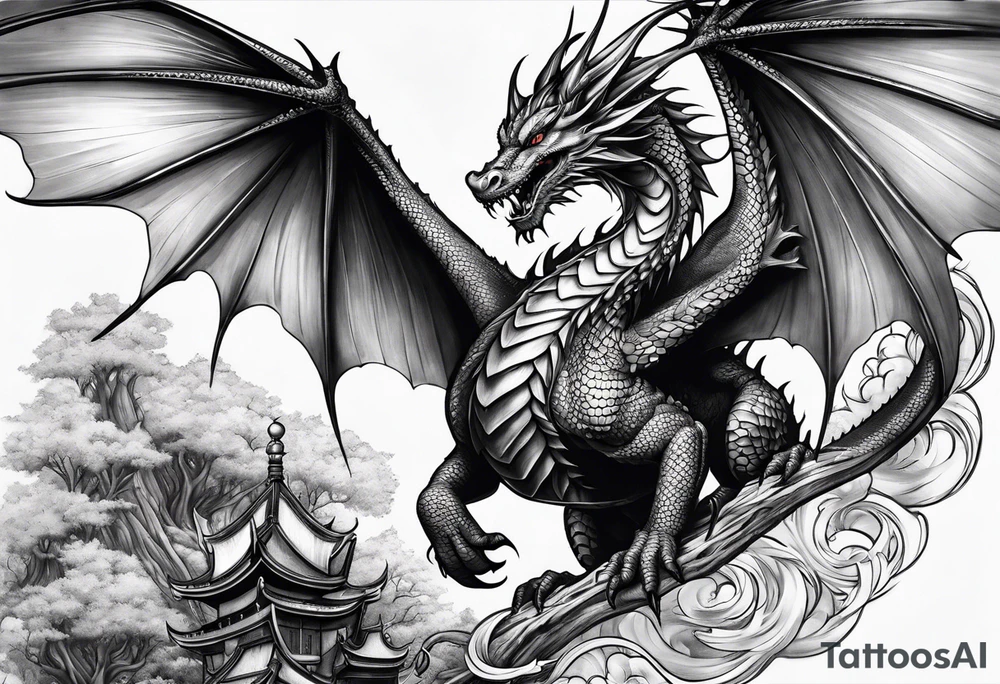 fairy and a dragon in the background tattoo idea