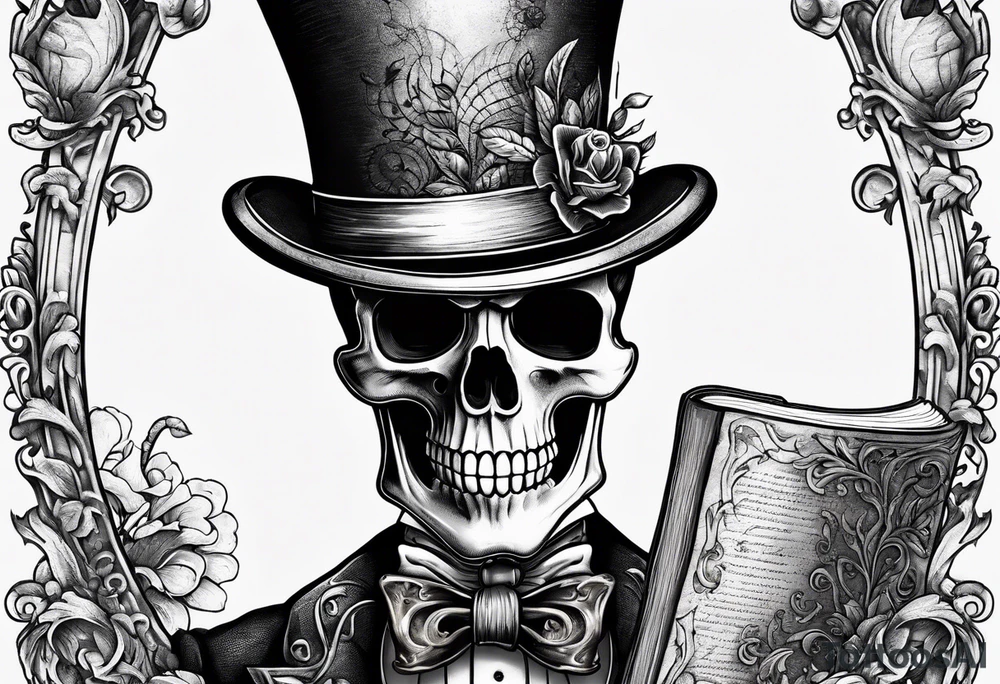 old time skeleton wearing a top hat holding a bible tattoo idea