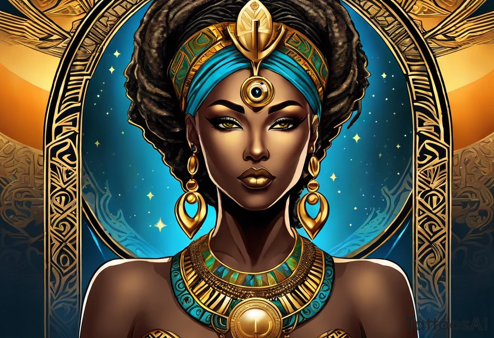 African Goddess wearing the eye of Horus in the center of her forehead and the ankh symbol necklace in gold with the sun on one side behind her and the moon on the opposite side behind her tattoo idea