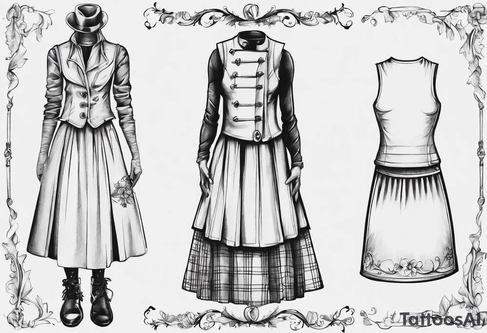 sketch 
vestito scozzese
modello sarto
gonna e gilet tattoo idea