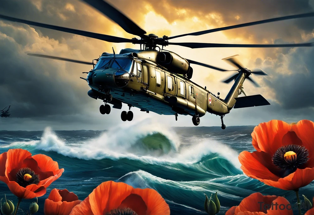 A cinematic-style tattoo depicting a Canadian military CH-148 Cyclone helicopter performing a daring maneuver over a turbulent ocean. The sky should be filled with dramatic clouds, and the sun should be setting, casting long shadows. The helicopter should be the main focus, with intricate details and a sense of motion. In the background, a poppy should be prominently displayed, and a quote from 'Lest We Forget' should be included, black and white tattoo idea