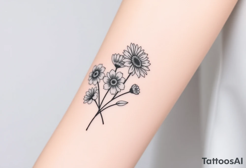 Small flower bouquet with flowers, 1 daisy, 2 cosmo, 1 poppy, 1 chrysanthemum, tattoo idea