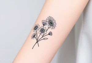 Small flower bouquet with flowers, 1 daisy, 2 cosmo, 1 poppy, 1 chrysanthemum, tattoo idea