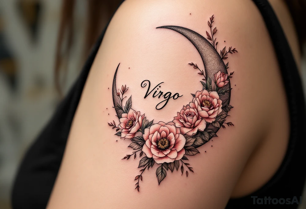 A crescent moon adorned with delicate roses and leaves, with the Virgo symbol subtly hidden within the floral design. This piece is done in dusty pink, beige, and soft brown, creating a warm, romantic, and timeless look. tattoo idea