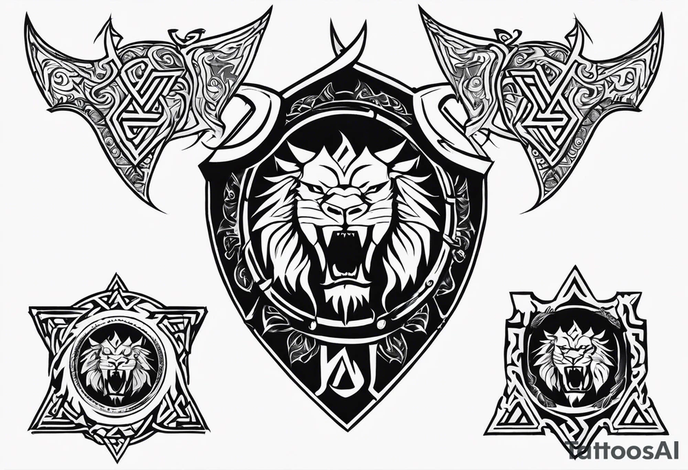 Valhalla sword shield dragon axe Valknut tribal lion tattoo idea