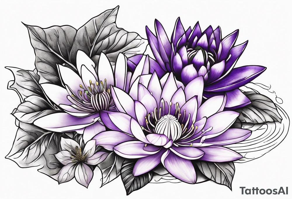 bouquet of violet, water lily, and holly tattoo idea