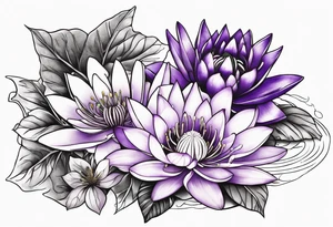 bouquet of violet, water lily, and holly tattoo idea