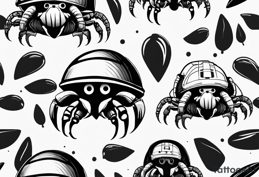 "A minimalist cartoon hermit crab with a Stormtrooper helmet as its shell, black and white, clean lines, simple shapes, the crab's body emerging from the bottom of the helmet, a few legs and claws visible, eyes peeking out from under the helmet, minimalist tattoo style." tattoo idea