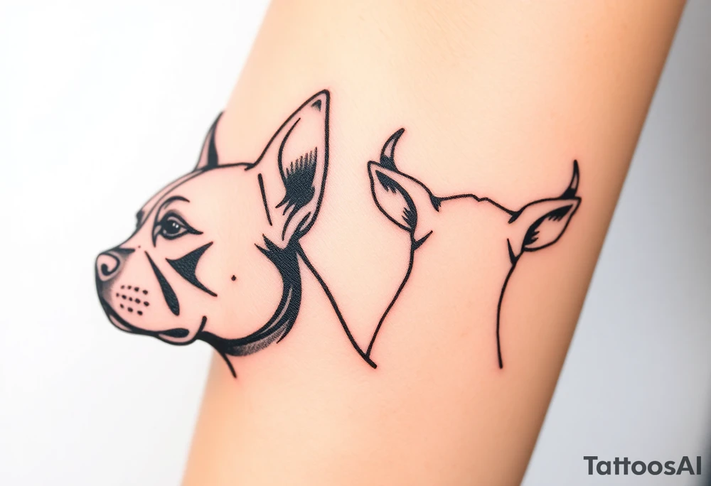 outline of pitbull ears, next to the outline of austrailian cattle dog ears, as they look off into the sunset tattoo idea