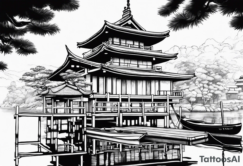 Japanese building, boat dock, guitar, piano tattoo idea