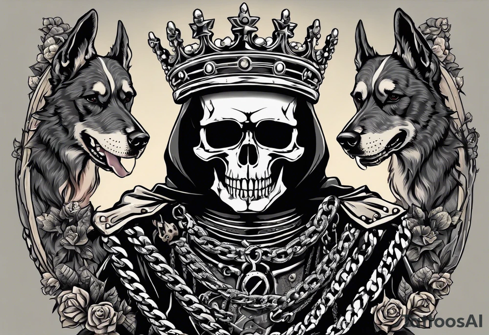 image of a skeleton standing frontally with a crown on his head, holding an AK-47 on his shoulder with his right hand. The chain on the left should be taut, there are three angry barking Dobermans in it, near the waist tattoo idea