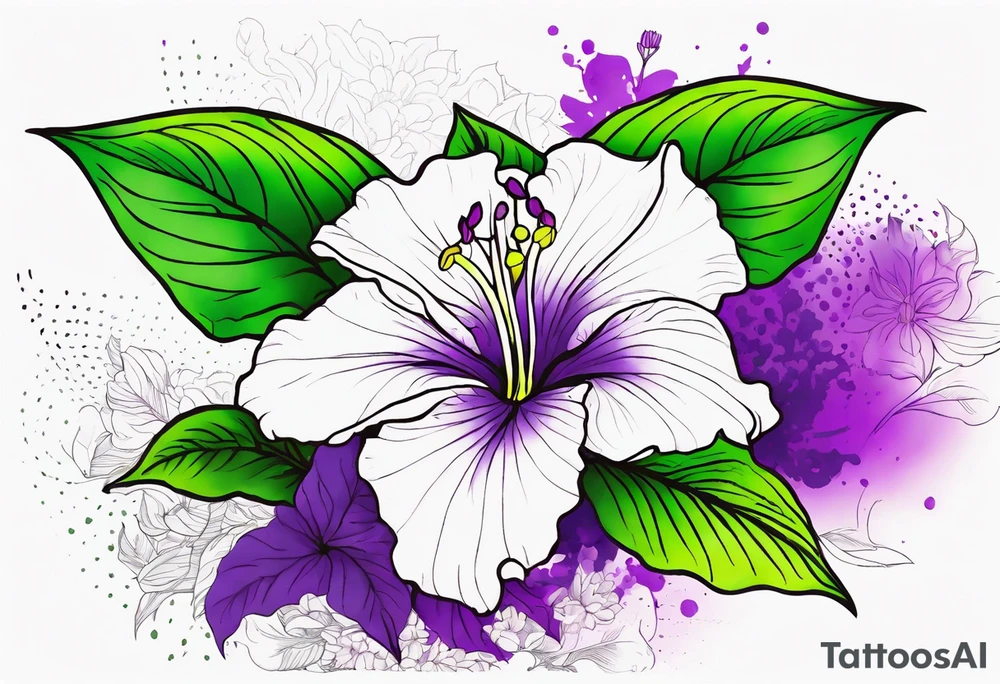 An outline of a rio dipladenia flower with a green and purple watercolor background tattoo idea