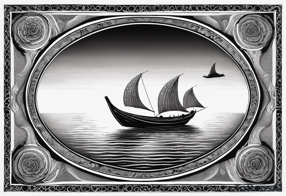 Oval frame inside thai long tail boat water under swiming turtle tattoo idea