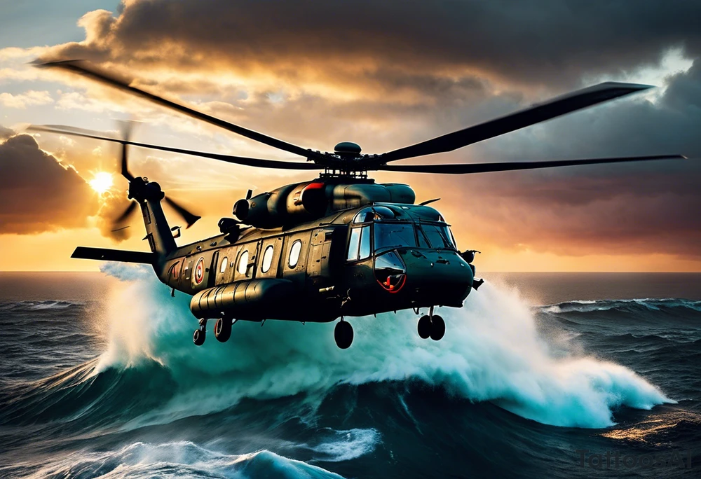 A cinematic-style tattoo depicting a Canadian military CH-148 Cyclone helicopter performing a daring maneuver over a turbulent ocean. The sky should be filled with dramatic clouds, and the sun should be setting, casting long shadows. The helicopter should be the main focus, with intricate details and a sense of motion. In the background, a poppy should be prominently displayed, and a quote from 'Lest We Forget' should be included tattoo idea