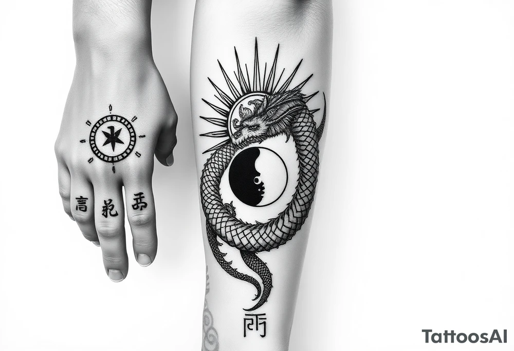 Full blackwork tattoo from hand to elbow.
	•	Hand centerpiece: Vegvisir in rough rune style, surrounded by a radiant Thai sun disc.
	•	Fingers: One rune on each — Tiwaz (thumb), Eiwaz, Algiz, Sowilo, Ansuz (pinky) — in carved bone style.
	•	Forearm: A coiling dragon/serpent with Japanese flow and a Nordic beast head.
	•	Inside dragon loop: Yin-Yang with broken runic circle; optional tiny sun & moon inside.
	•	Inner forearm: Vertical script — either Japanese (武士道) or Old Norse runes (ᚺᚢᚷᚱ ᛖᚱ ᛋᛏᛖᚱᚲᚱ).
	•	Background: Nordic knotwork, Thai swirls, Japanese wave lines. tattoo idea