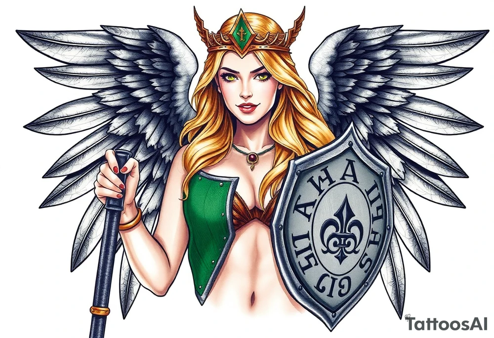 blonde valkyrie -- full sword -- shield with runes -- image should show entire body of the valkyrie from head to feet -- she should have large breasts and beautiful  -- hyper realistic, should look like a real person -- both wings -- full color -- mythical -- classic painting -- winged tiara -- green shield -- sly smile -- more real tattoo idea