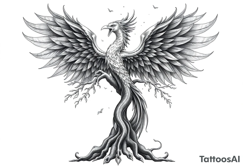 Powerful Phoenix rising large 
tree of life tattoo idea